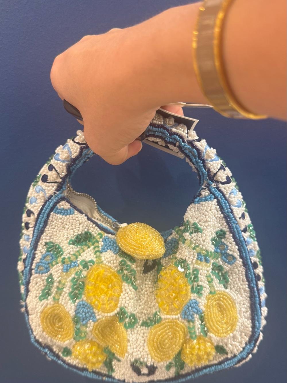 Hand-Beaded Lemon Print Mini Bag in Yellow and White